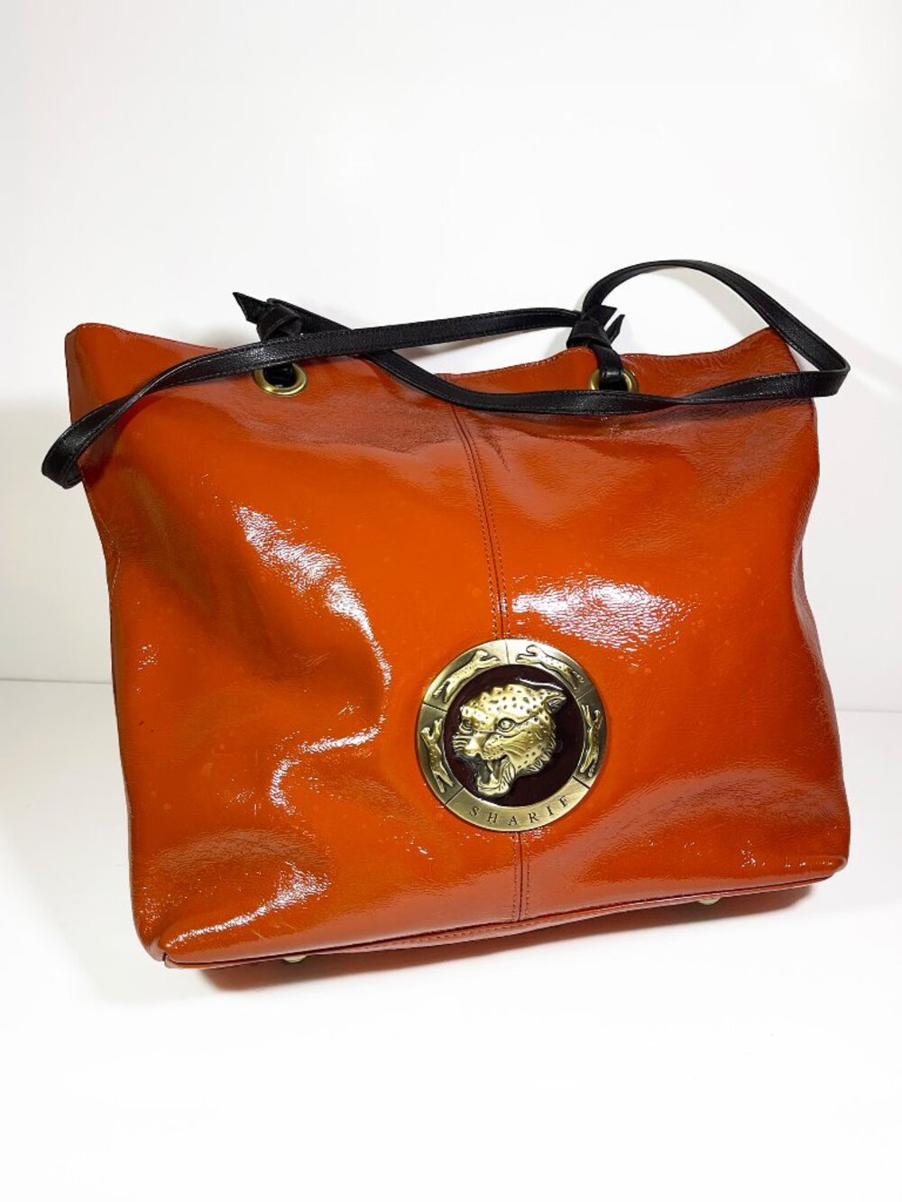 VTG Sharif Orange Patent Leather Shoulder Bag Y2K Panther Medallion Glossy